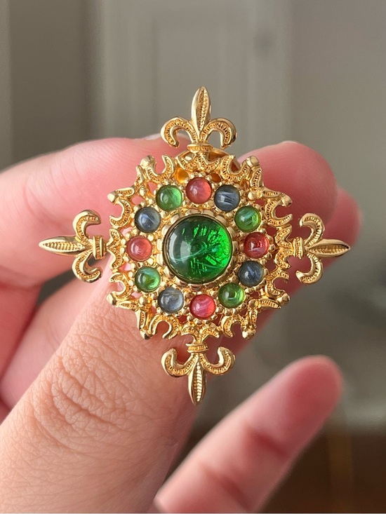 Dior Jewelry - Authentic Vintage Dior Rare Gripoix Glass Cabochon Maltese Cross Gold Brooch Pin